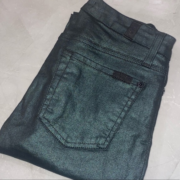 7 For All Mankind Shimmer Metallic Emerald Green Coated Jeans Denim 24 XS - Picture 10 of 11